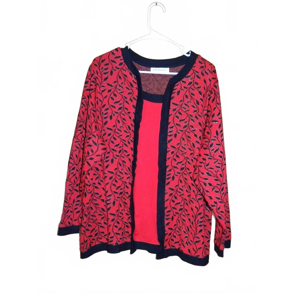 Vintage 1x Cardigan Twin Set Layered Red Black Classic Timeless Office Leaf